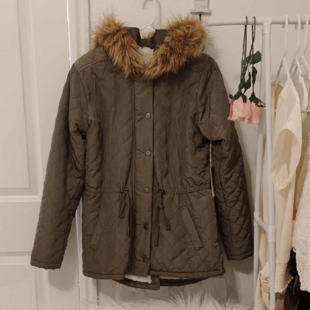 Copper Key Brown Quilted Puffer Coat with Faux Fur Hood